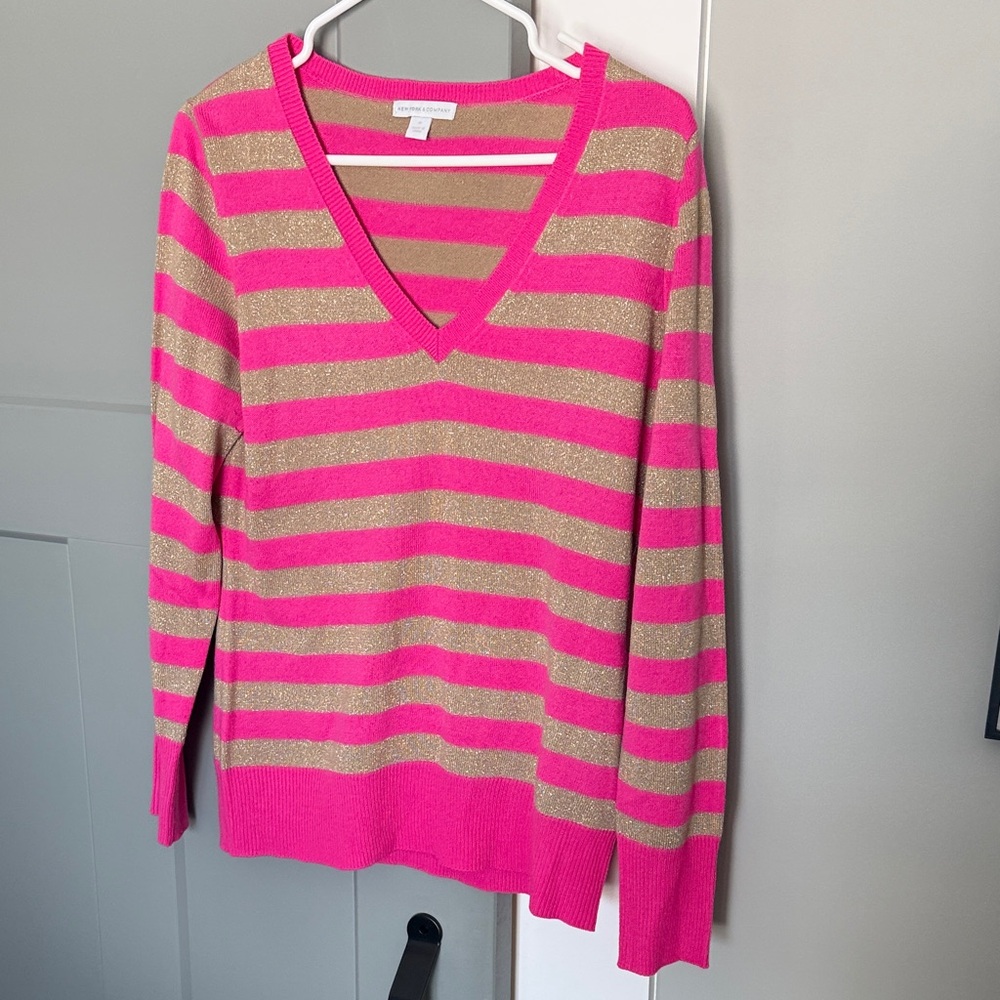 New York & Company Pink and Gold Striped V-Neck Sweater